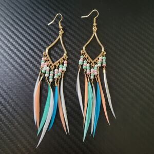 Pastel blue mint peach white & gold tone boho beaded chandelier feather earrings